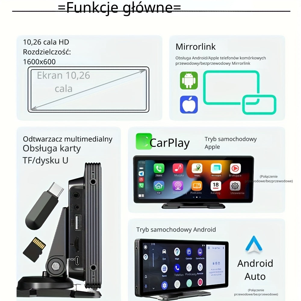 Przenośny radioodtwarzacz samochodowy HD z ekranem 10.25 cala (26.06 cm), funkcjami Android Auto, Screen Mirroring, Bluetooth, USB, TF oraz obsługą kamery cofania
