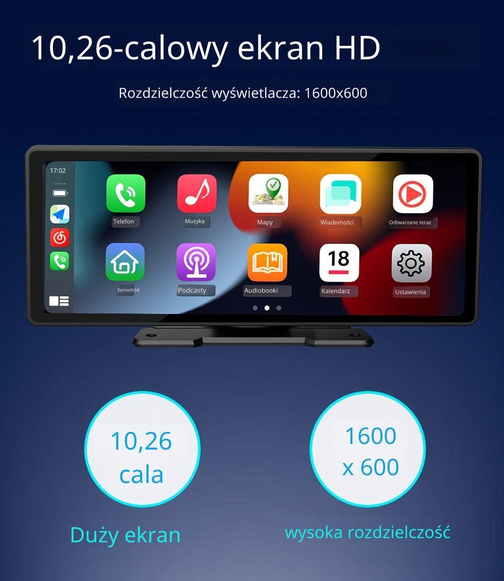Przenośny radioodtwarzacz samochodowy HD z ekranem 10.25 cala (26.06 cm), funkcjami Android Auto, Screen Mirroring, Bluetooth, USB, TF oraz obsługą kamery cofania