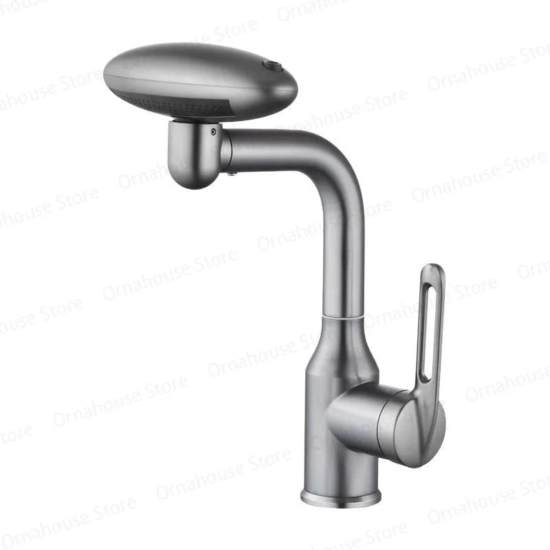 Wielofunkcyjna bateria umywalkowa z efektem wodospadu, 4 tryby strumienia, obrotowa 360°, mieszacz ciepłej i zimnej wody, stal nierdzewna, kran do umywalki.