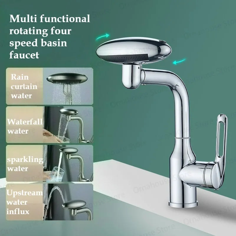 Wielofunkcyjna bateria umywalkowa z efektem wodospadu, 4 tryby strumienia, obrotowa 360°, mieszacz ciepłej i zimnej wody, stal nierdzewna, kran do umywalki.